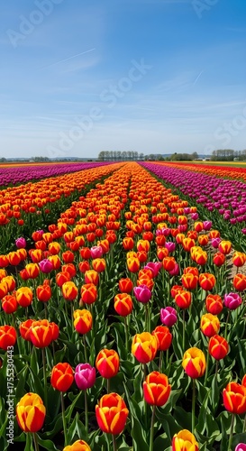 Wallpaper Mural Vast field of blooming tulips in vibrant orange yellow and pink hues under a clear blue sky Torontodigital.ca