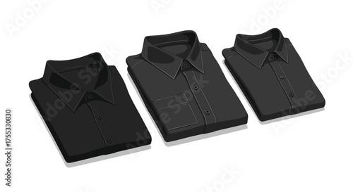 A collection of three dark colored button down shirts laid out on a white background.