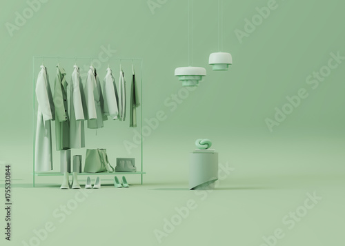 Modern scandinavian green walk in closet with wardrobe. Clothes on a hanger, storage shelf in pastel green background. 3d rendering, concept for shopping store and bedroom, studio, life style	