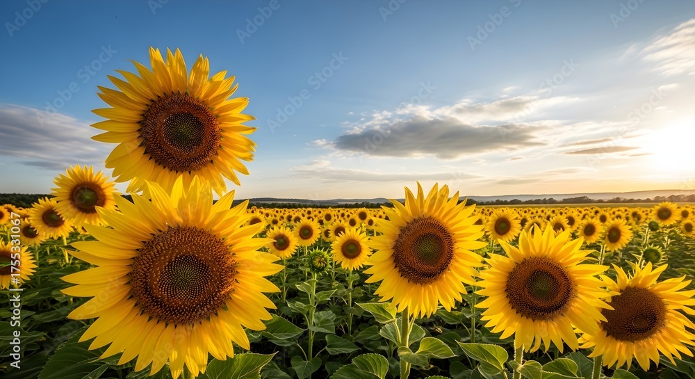 Fototapeta premium Close up of blooming sunflowers under a wide cloudy blue sky at sunset
