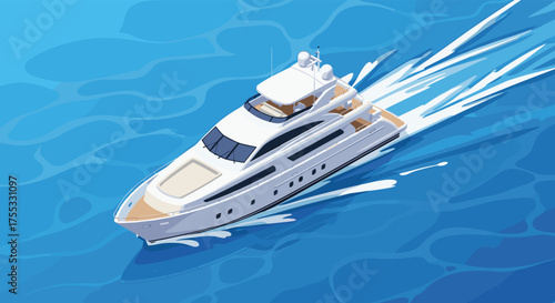 A luxurious white yacht speeds across the deep blue ocean leaving white trails.