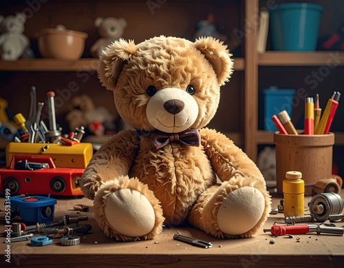 Teddy bear sits amid tools in cluttered toy room