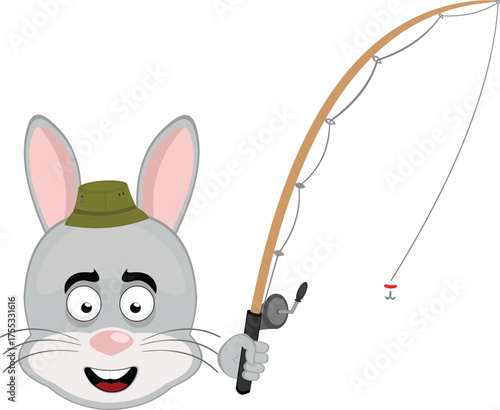 vector illustration emoticon character face rabbit rodent animal with a fisher hat and a fishing rod