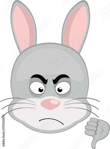 vector illustration emoticon character face rabbit rodent animal, with thumb pointing down in concept of not approved or no like