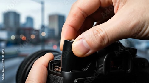 Close-up of a hand inserting a battery into a camera.