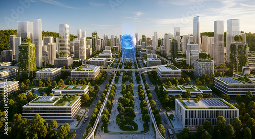 Envision sustainable urban living in a futuristic green cityscape design