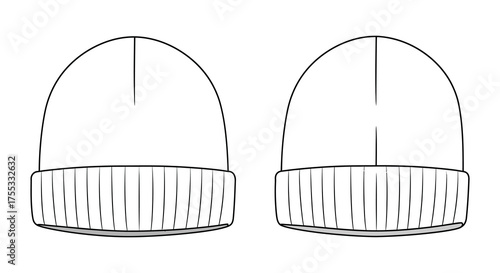 Two detailed line art illustrations of a knitted beanie hat shown from the front and back in a clean silhouette style
