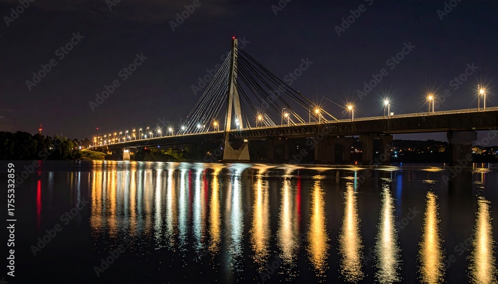 Fototapeta premium Stunning Night Bridge View with Bright Reflections on Water