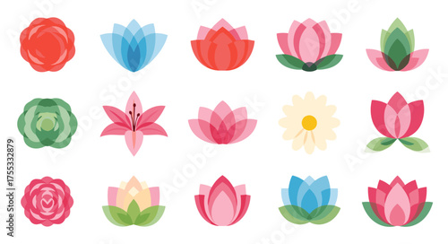 Set of colorful abstract flower icons with a modern, translucent overlapping style