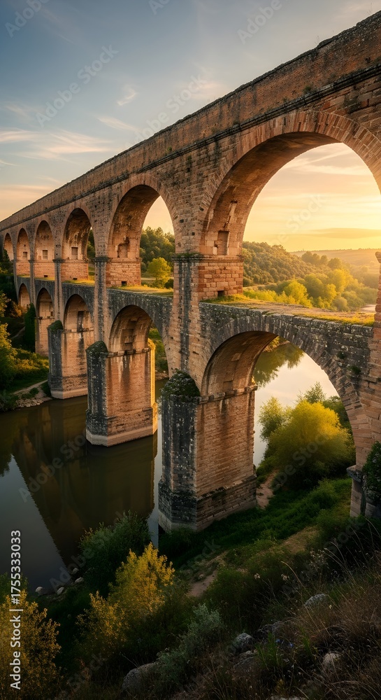 Obraz premium Ancient Roman aqueduct bridge with multiple arches crossing a calm river at sunset surrounded by lush green trees