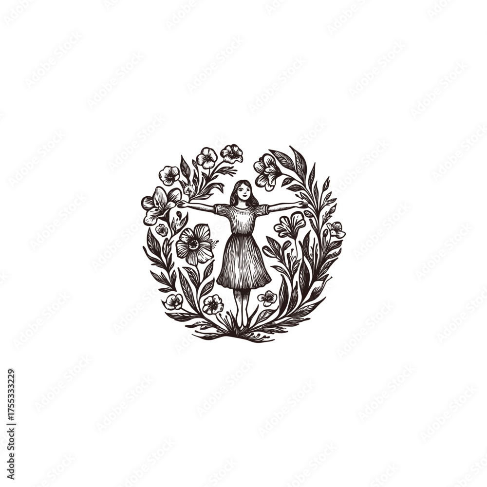 Obraz premium illustration featuring a young woman standing peacefully with arms outstretched, centered within a lush, circular wreath of flowers, leaves, and botanical elements