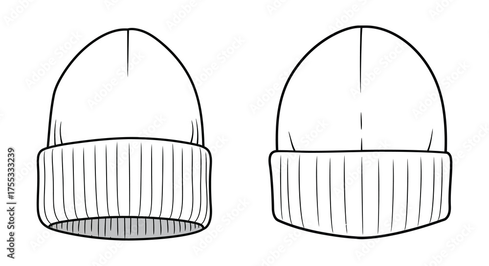Fototapeta premium Two hand drawn silhouette illustrations of a knitted winter beanie hat front and back views silhouette