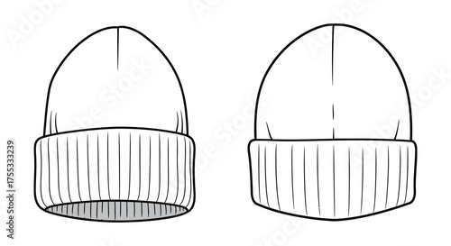 Two hand drawn silhouette illustrations of a knitted winter beanie hat front and back views silhouette