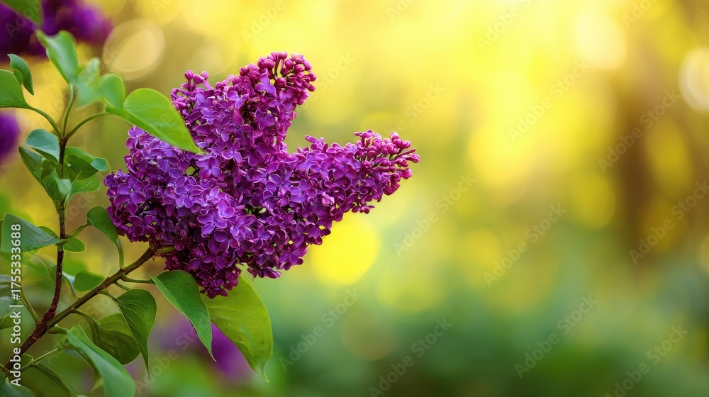 Obraz premium Close up of vibrant purple lilac blossoms with green leaves and sunny background