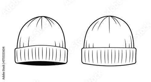 Two knitted winter beanies shown from the front and back in a simple sketch silhouette style