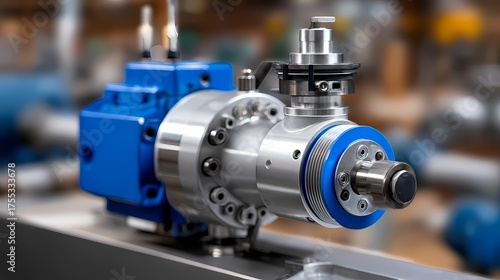 Precision Engine Part with Blue Accents and Industrial Background