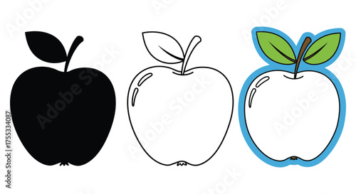 Three distinct apple illustrations showcasing a solid black silhouette a simple outline and a colorful bordered design silhouette