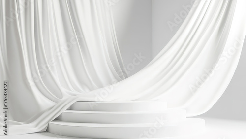 white cloth waves on circle pedestal podium for product photography background