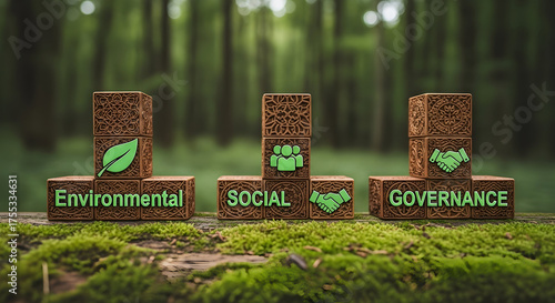 ESG blocks symbolize sustainability, corporate responsibility, and ethical business practices.