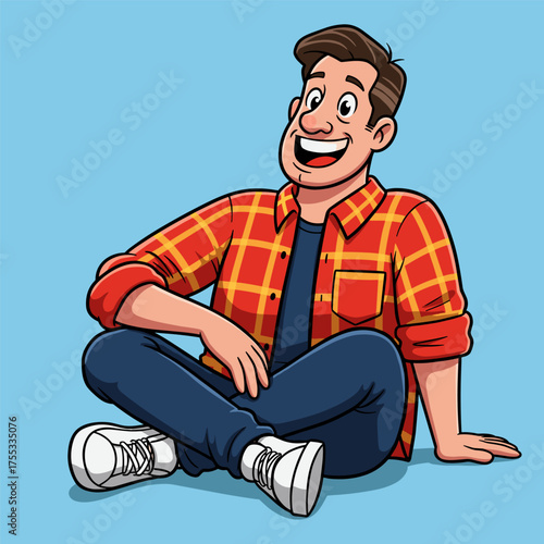 A happy cartoon man in a red and yellow plaid shirt is sitting cross-legged and smiling brightly.