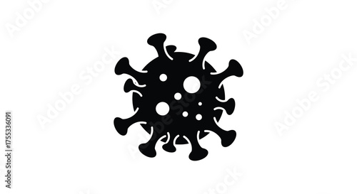 Black silhouette of a virus particle with spikes and circular elements on a white background representing a coronavirus or pathogen silhouette