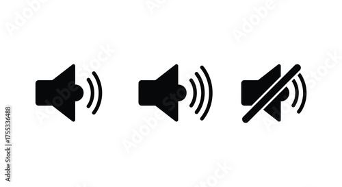 Three black speaker icons in silhouette showing different sound volume levels and mute status silhouette
