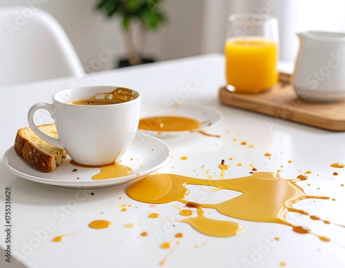 Spilled Coffee on a Table with Orange Juice and Bread Slice
