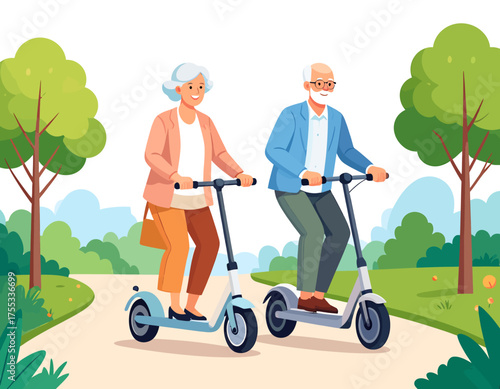 Elderly couple enjoying a ride on electric scooters in a vibrant green park, smiling happily.