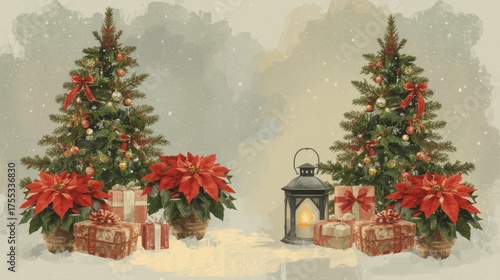 Enchanting Winter Scene Featuring Two Decorated Christmas Trees with Poinsettias Lanterns and Gifts Creating a Festive Holiday Atmosphere