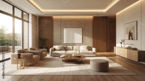 Living room scene with elegant white furniture expressive wall art and soft ivory tones blends modern artistic elements interior design wallpaper background