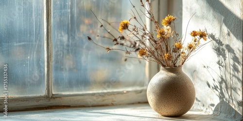 Fototapeta Naklejka Na Ścianę i Meble -  A vase with dried flowers on a windowsill, with a window in the background.