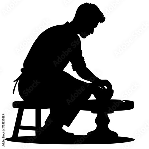 Silhouette of a potter shaping clay on a pottery wheel. A timeless scene of craftsmanship, focus, and handmade artistry in ceramic creation and traditional design.