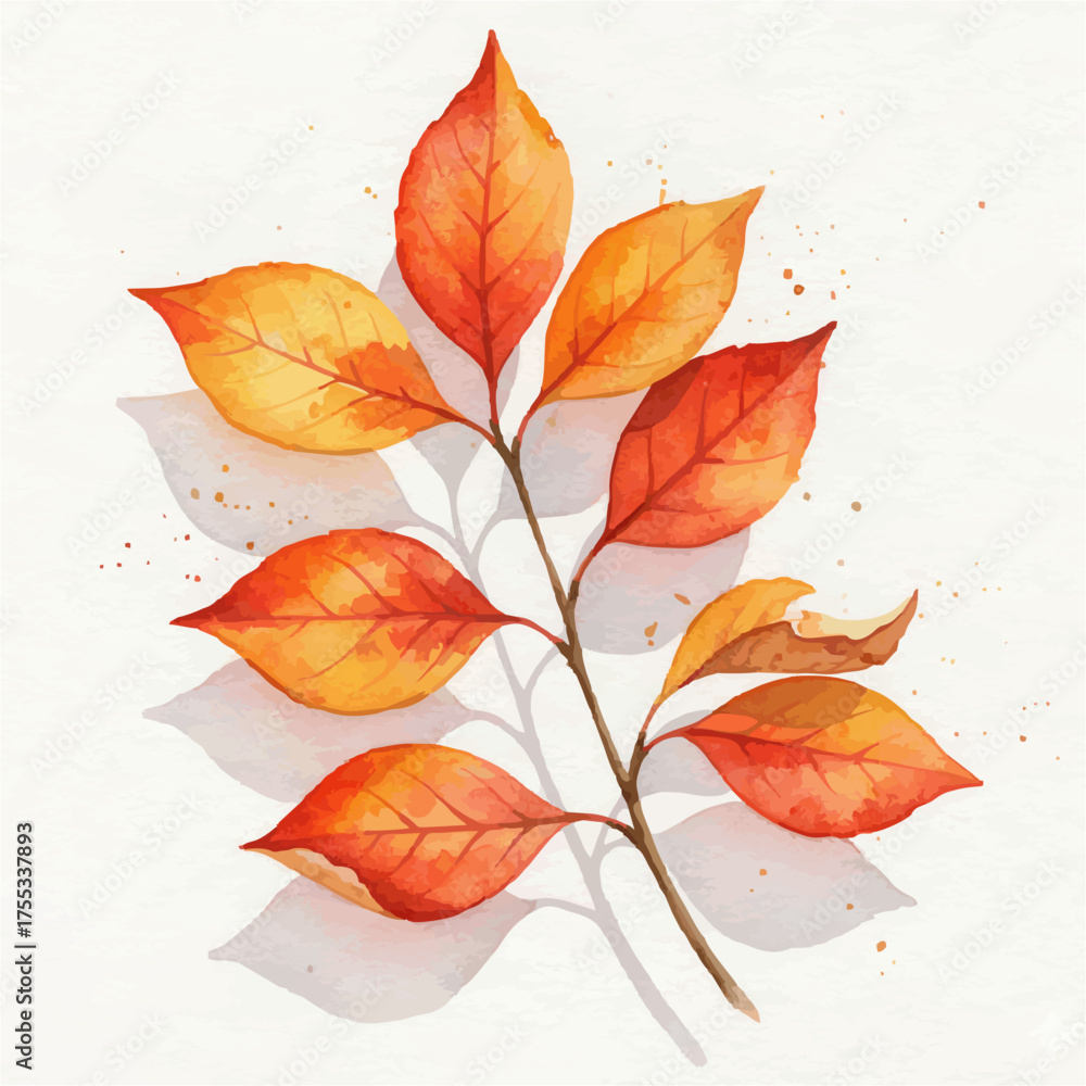 Fototapeta premium Watercolor Autumn Branch with Orange Leaves on White Background