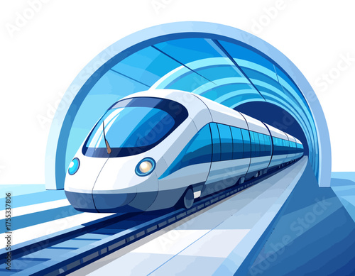 Modern high-speed train with blue accents emerging from a futuristic tunnel on tracks, illustrating advanced transportation.