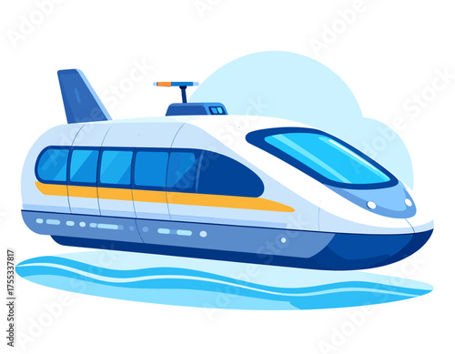 Futuristic blue and white high-speed train with sleek design and large windows, floating above a stylized blue surface.