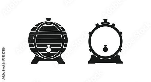 Two distinct wooden barrel silhouettes one solid and one outlined showcasing traditional storage vessels silhouette