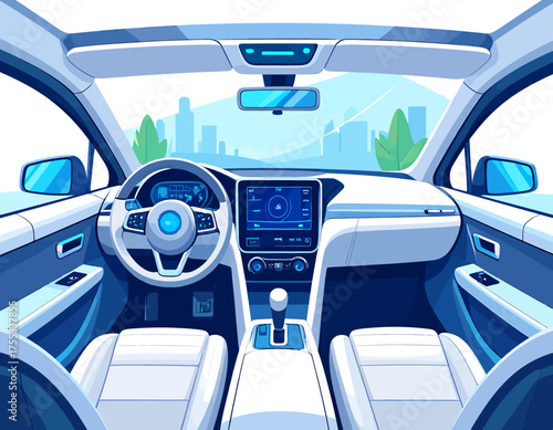 View from inside a futuristic electric car with a digital dashboard, modern white seats, and advanced technology.