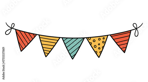 Colorful hand drawn bunting flags with festive patterns for celebrations and parties