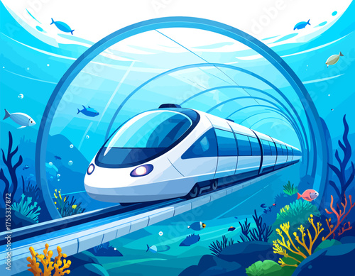 Modern train traveling through a transparent underwater tunnel with fish and coral reefs.