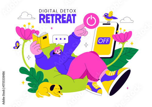 Digital Detox Retreat Illustration Featuring Turning Off Smartphones While Practicing Mindfulness, Reducing Screen Time, And Enjoying Tech Free Zones