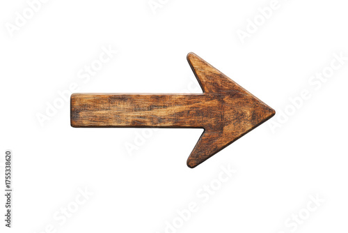 Rustic wooden arrow pointing right isolated on transparent background, showcasing natural texture and direction with a vintage and handcrafted aesthetic