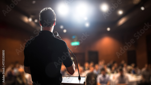 A professional speaker addressing an audience at a corporate event with stage lighting. pitch deck slides.