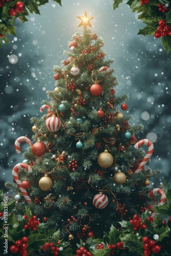 A Beautifully Decorated Christmas Tree Shines Brightly Amidst Falling Snow and Festive Holly Decorations