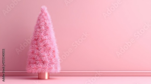 A pink, fluffy Christmas tree stands against a plain pink wall, with a gold base and a gold stand, casting a shadow on the floor.