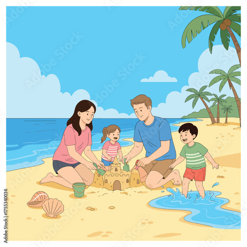 A joyful family spending a sunny day together building a sandcastle and playing happily on the beautiful beach