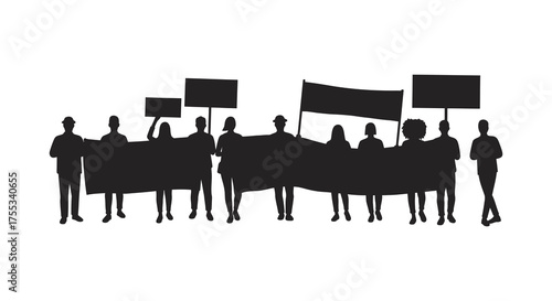Diverse group of people holding protest signs and banners in a powerful silhouette against a white background