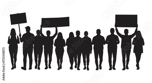 Diverse group of people in silhouette holding protest signs and banners at a demonstration or rally silhouette