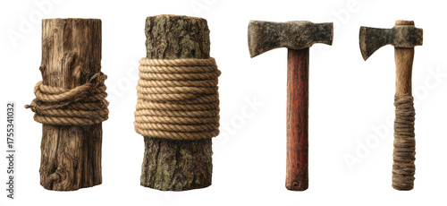 Rustic Wooden Logs with Rope and Axe on Transparent Background for Art and Design