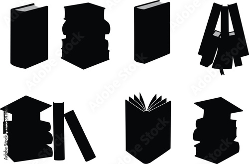 Book icons, graduation cap, bookmark symbols, black silhouette, education concept, reading tools, vector illustration, academic design, isolated graphic, study material