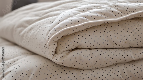 A closeup of a cotton comforter with small polka dot patterns, folded neatly